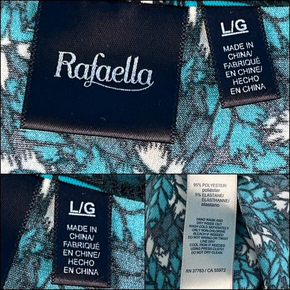 Rafaella Enchanting Leaf Pattern Bell Sleeve Top LARGE Teal Cream Black Asymmetr - Picture 11 of 15